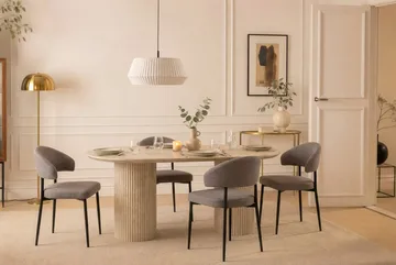Uppveda soikea ruokapöytä 180x90 cm ja 4 greigenväristä Sawako-tuolia - Travertiini/Greige - Huonekalut - Pöytä & ruokailuryhmä - Ruokailuryhmä