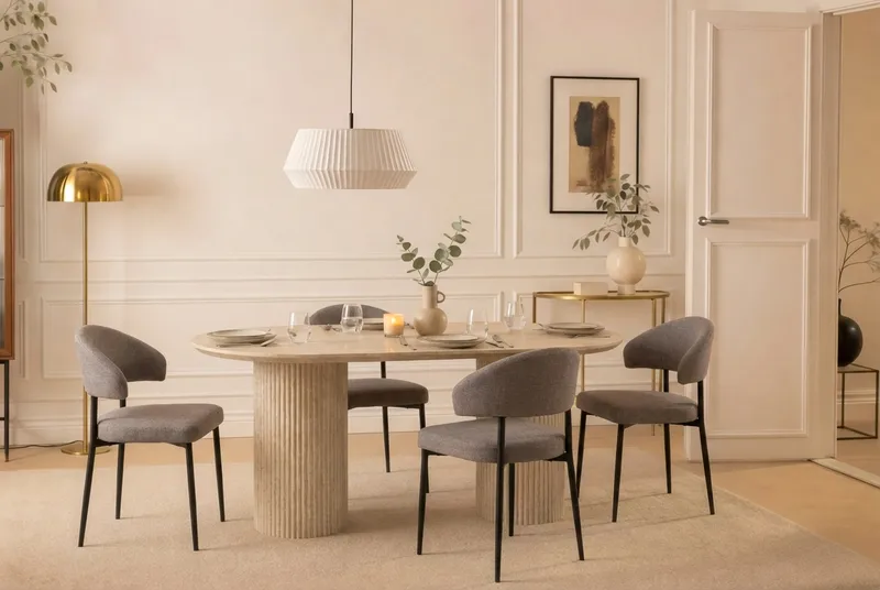 Uppveda soikea ruokapöytä 180x90 cm ja 4 greigenväristä Sawako-tuolia - Travertiini/Greige - Huonekalut - Pöytä & ruokailuryhmä - Ruokailuryhmä