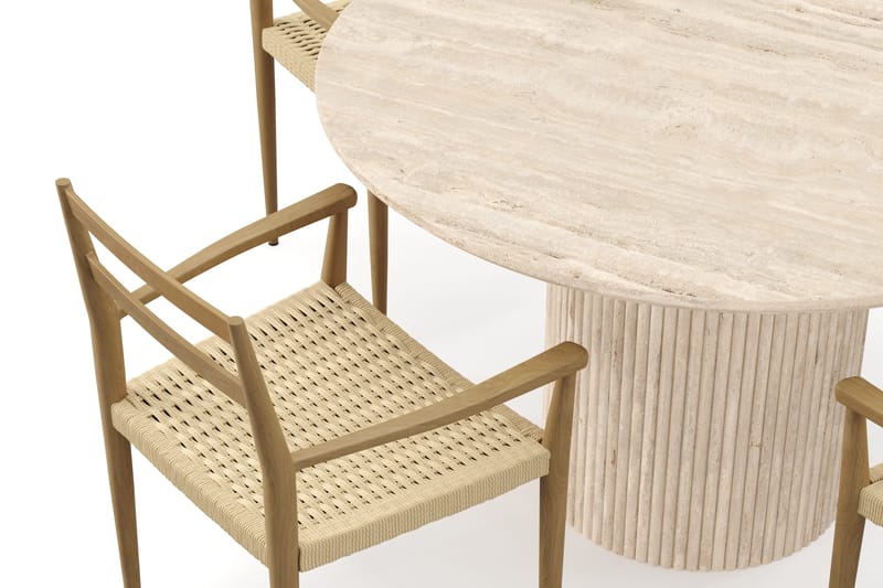 Uppveda Pyöreä ruokapöytä 120 cm travertiinin näköinen 4 Jamna käsinojatuolilla - Beige - Huonekalut - Pöytä & ruokailuryhmä - Ruokailuryhmä