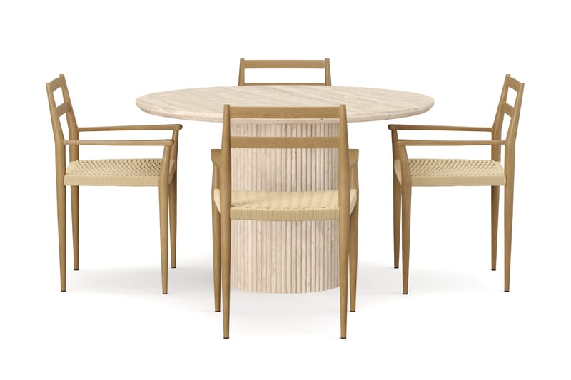 Uppveda Pyöreä ruokapöytä 120 cm travertiinin näköinen 4 Jamna käsinojatuolilla - Beige - Huonekalut - Pöytä & ruokailuryhmä - Ruokailuryhmä