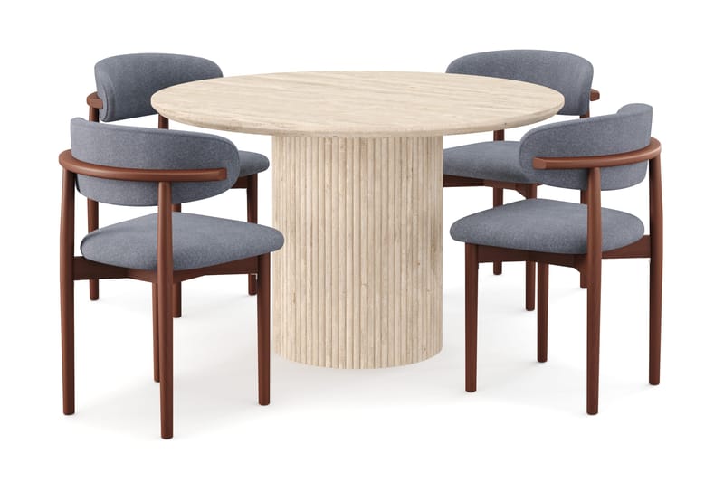 Uppveda Pyöreä ruokapöytä 120 cm travertiinin näköinen 4 Jaiveer ruokatuolilla, Beige