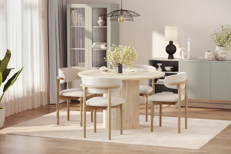 Uppveda Pyöreä ruokapöytä 120 cm travertiinin näköinen 4 Jaiveer ruokatuolilla - Beige - Huonekalut - Pöytä & ruokailuryhmä - Ruokailuryhmä