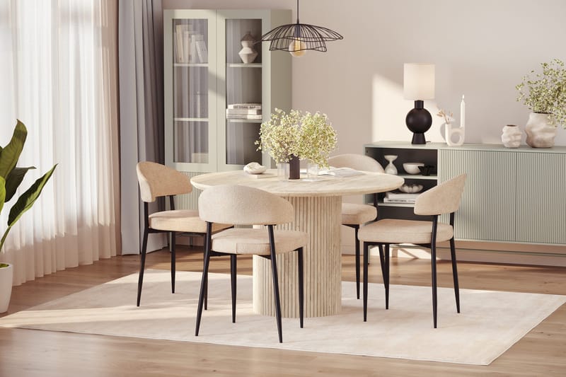 Uppveda Pyöreä ruokapöytä 120 cm travertiinin näköinen 4 Jairam ruokatuolilla - Beige - Huonekalut - Pöytä & ruokailuryhmä - Ruokailuryhmä