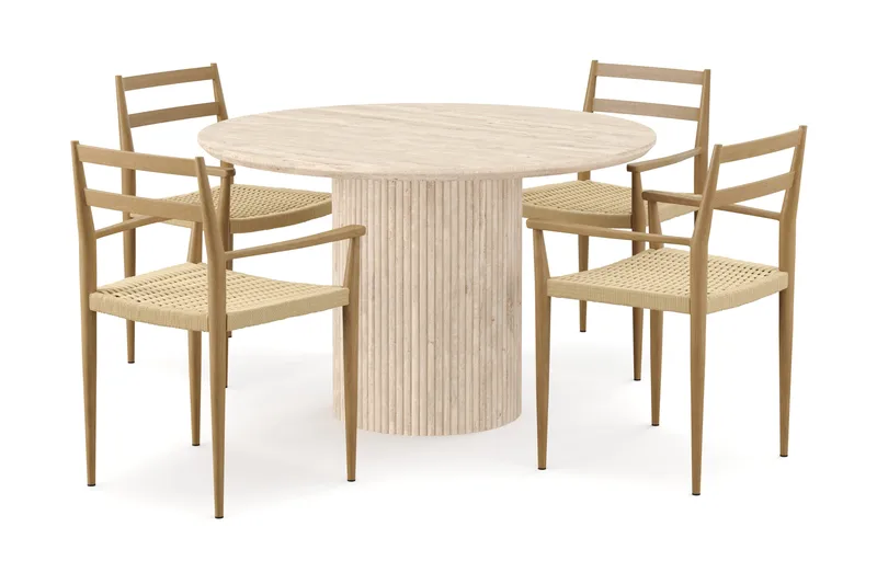 Uppveda Pyöreä ruokapöytä 120 cm travertiinin näköinen 4 Jamna käsinojatuolilla, Beige