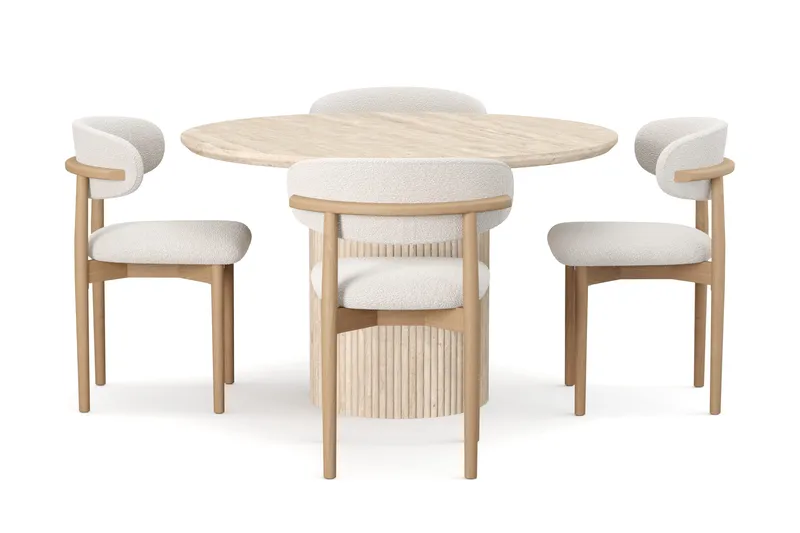 Uppveda Pyöreä ruokapöytä 120 cm travertiinin näköinen 4 Jaiveer ruokatuolilla - Beige - Huonekalut - Pöytä & ruokailuryhmä - Ruokailuryhmä