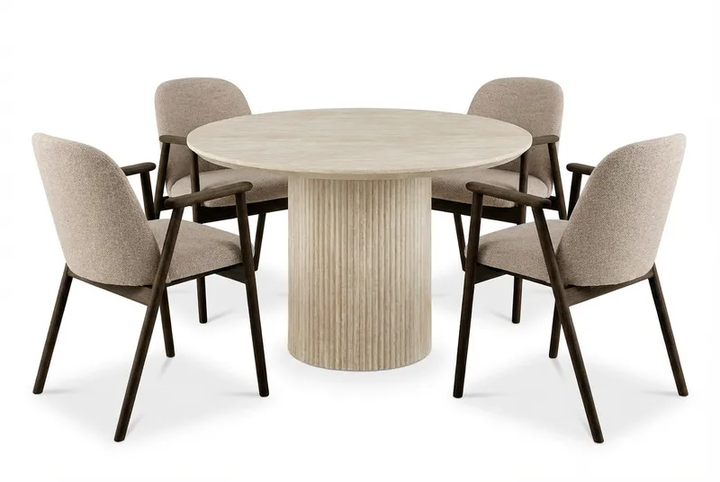 Uppveda Pyöreä Ruokapöytä 120 cm Travertiini 4 Reciclar Ruokatuolilla, Travertiini/Greige