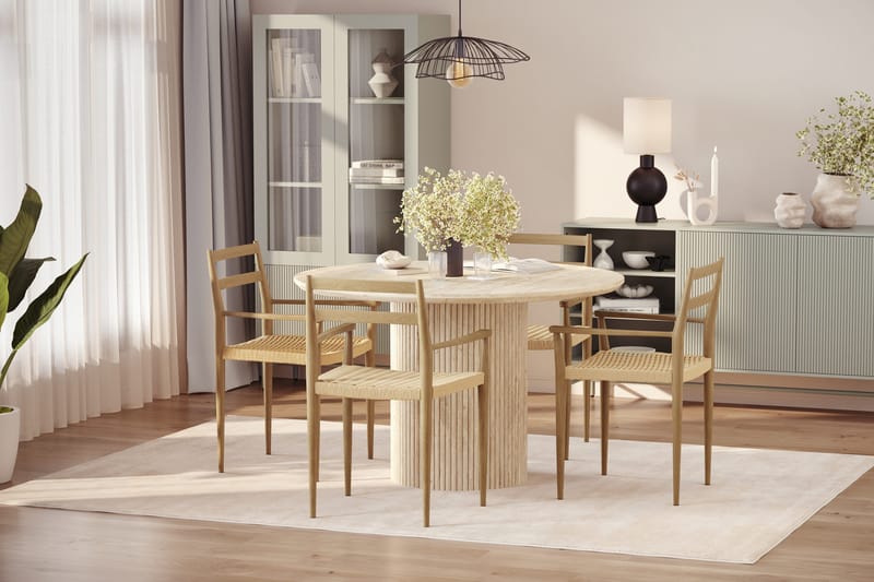 Uppveda Pyöreä ruokapöytä 120 cm travertiinin näköinen 4 Jamna käsinojatuolilla - Beige - Huonekalut - Pöytä & ruokailuryhmä - Ruokailuryhmä