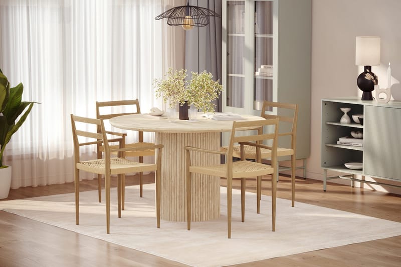 Uppveda Pyöreä ruokapöytä 120 cm travertiinin näköinen 4 Jamna käsinojatuolilla - Beige - Huonekalut - Pöytä & ruokailuryhmä - Ruokailuryhmä