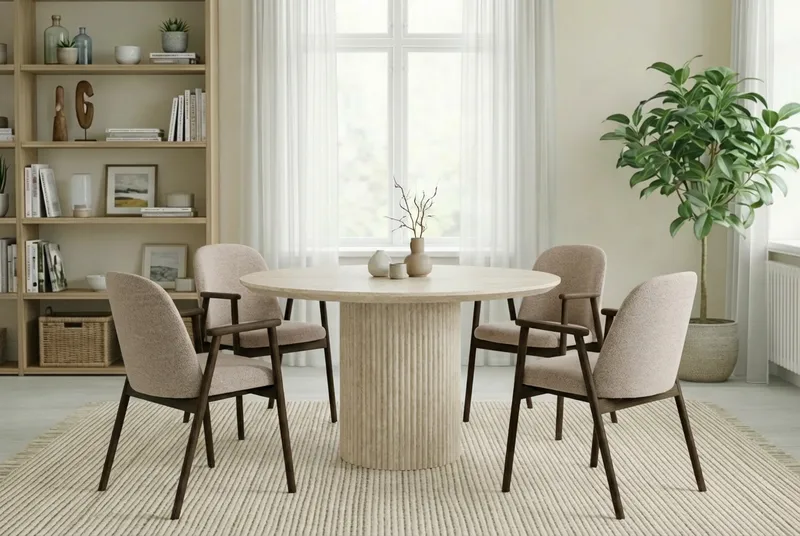 Uppveda Pyöreä Ruokapöytä 120 cm Travertiini 4 Reciclar Ruokatuolilla - Travertiini/Greige - Huonekalut - Pöytä & ruokailuryhmä - Ruokailuryhmä