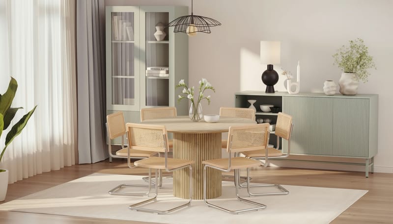 Uppveda Pyöreä ruokapöytä 130 cm travertiinin näköinen 6 Build ruokatuolilla - Beige - Huonekalut - Pöytä & ruokailuryhmä - Ruokailuryhmä