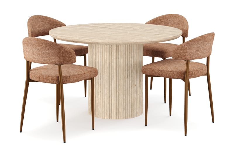 Uppveda Pyöreä ruokapöytä 130 cm travertiinin näköinen 4 Jairam ruokatuolilla - Beige - Huonekalut - Pöytä & ruokailuryhmä - Ruokailuryhmä