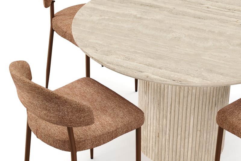 Uppveda Pyöreä ruokapöytä 130 cm travertiinin näköinen 4 Jairam ruokatuolilla - Beige - Huonekalut - Pöytä & ruokailuryhmä - Ruokailuryhmä
