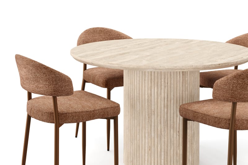 Uppveda Pyöreä ruokapöytä 130 cm travertiinin näköinen 4 Jairam ruokatuolilla - Beige - Huonekalut - Pöytä & ruokailuryhmä - Ruokailuryhmä