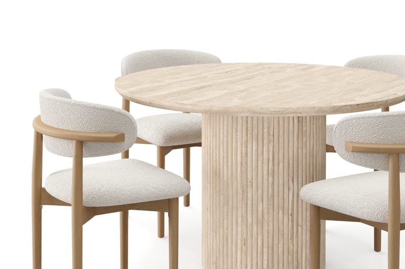 Uppveda Pyöreä ruokapöytä 130 cm travertiinin näköinen 4 Jaiveer ruokatuolilla - Beige - Huonekalut - Pöytä & ruokailuryhmä - Ruokailuryhmä