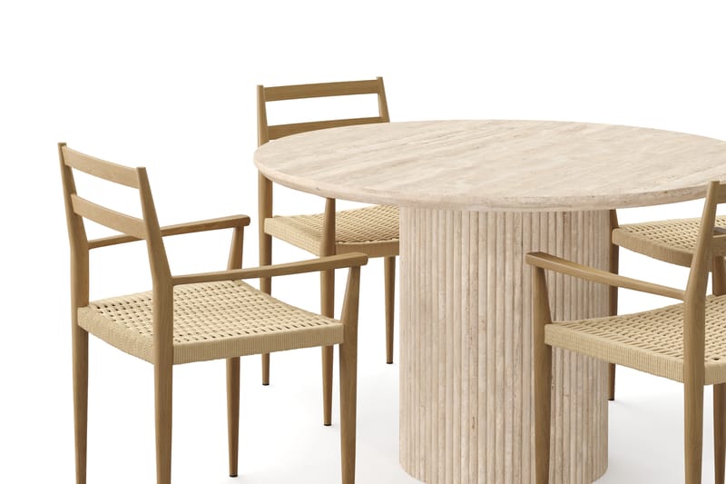 Uppveda Pyöreä ruokapöytä 130 cm travertiinin näköinen 4 Jamna käsinojatuolilla - Beige - Huonekalut - Pöytä & ruokailuryhmä - Ruokailuryhmä