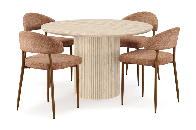 Uppveda Pyöreä ruokapöytä 120 cm travertiinin näköinen 4 Jairam ruokatuolilla, Beige