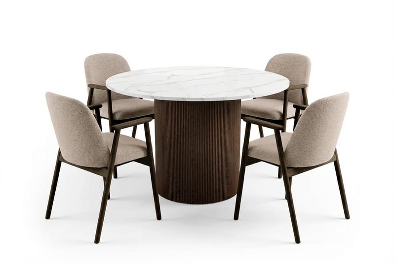 Uppveda Pyöreä Ruokapöytä 120 cm 4 Reciclar Ruokatuolilla, Valkoinen/Ruskea/Greige