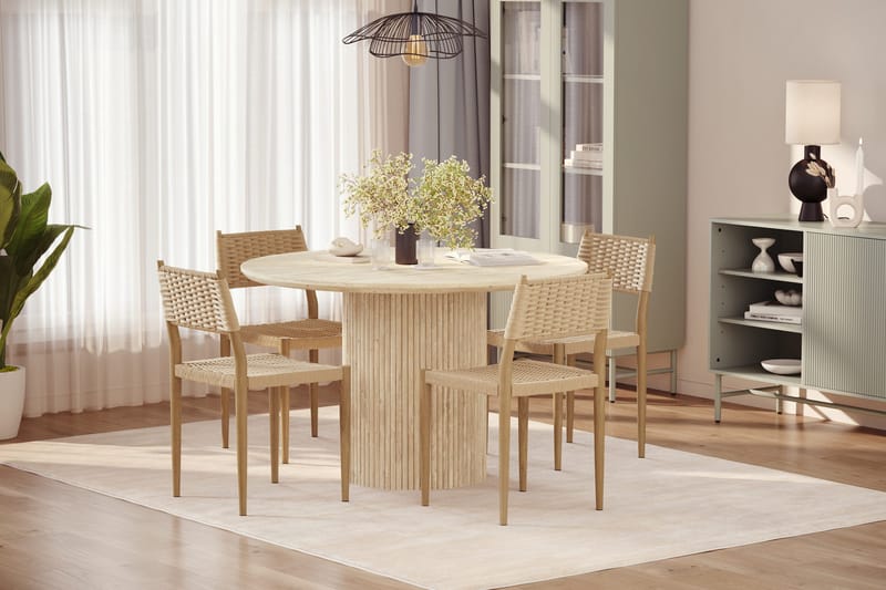 Uppveda Pyöreä ruokapöytä 120 cm travertiinin näköinen 4 Jamna ruokatuolilla - Beige - Huonekalut - Pöytä & ruokailuryhmä - Ruokailuryhmä