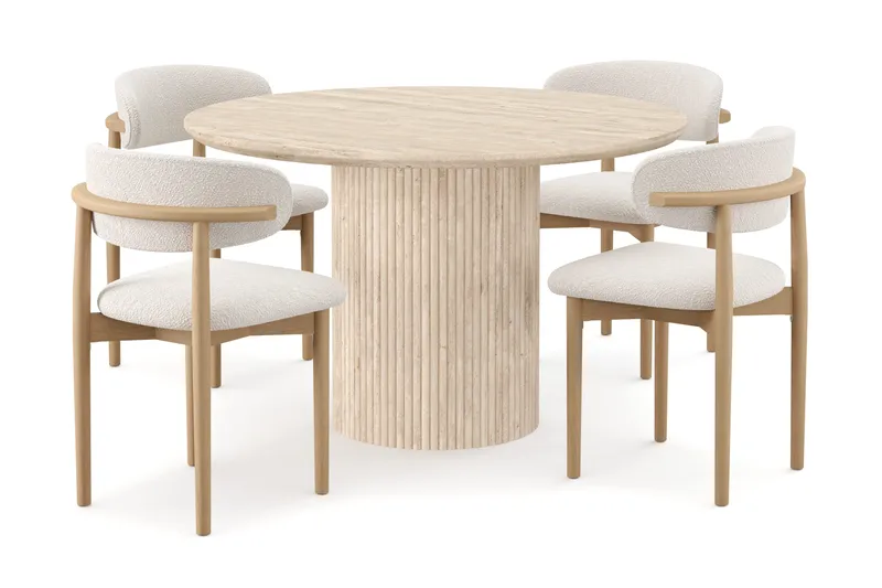 Uppveda Pyöreä ruokapöytä 120 cm travertiinin näköinen 4 Jaiveer ruokatuolilla, Beige