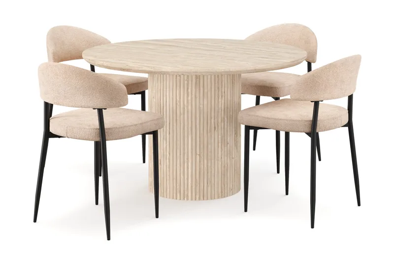 Uppveda Pyöreä ruokapöytä 120 cm travertiinin näköinen 4 Jairam ruokatuolilla, Beige