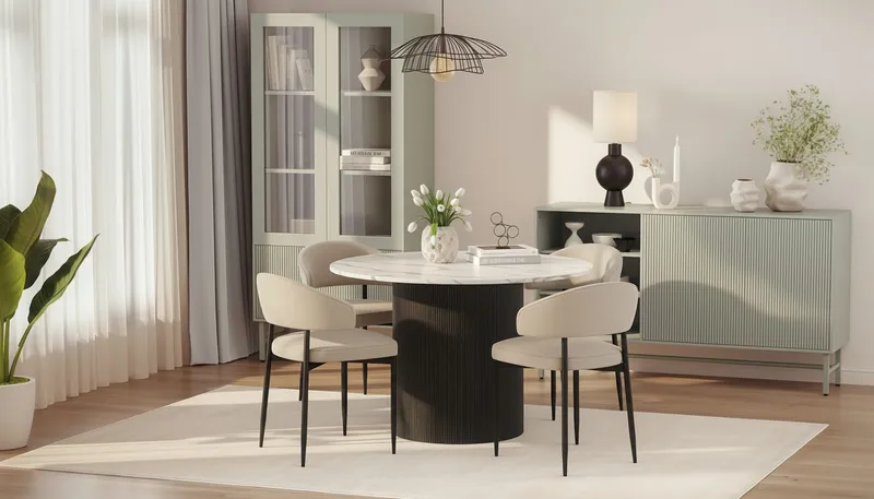 Uppveda Pyöreä Ruokapöytä 120 cm ja 4 Sawako Tuolia - Musta/Valkoinen - Huonekalut - Pöytä & ruokailuryhmä - Ruokailuryhmä