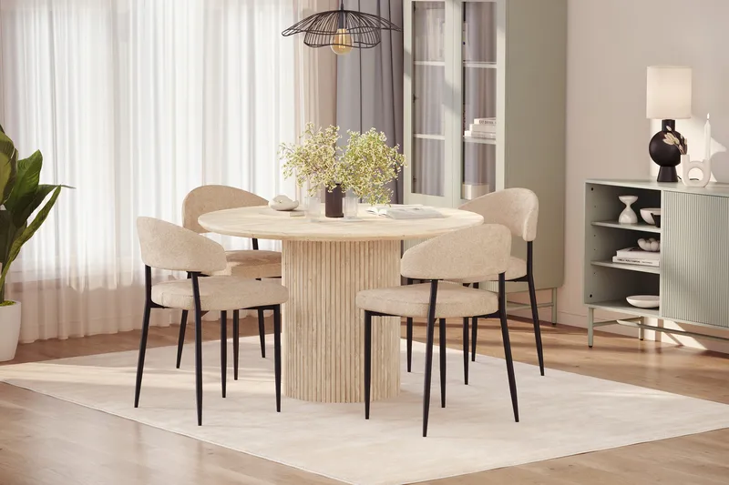 Uppveda Pyöreä ruokapöytä 120 cm travertiinin näköinen 4 Jairam ruokatuolilla - Beige - Huonekalut - Pöytä & ruokailuryhmä - Ruokailuryhmä