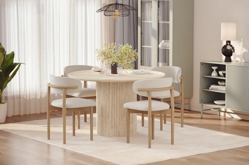 Uppveda Pyöreä ruokapöytä 120 cm travertiinin näköinen 4 Jaiveer ruokatuolilla - Beige - Huonekalut - Pöytä & ruokailuryhmä - Ruokailuryhmä