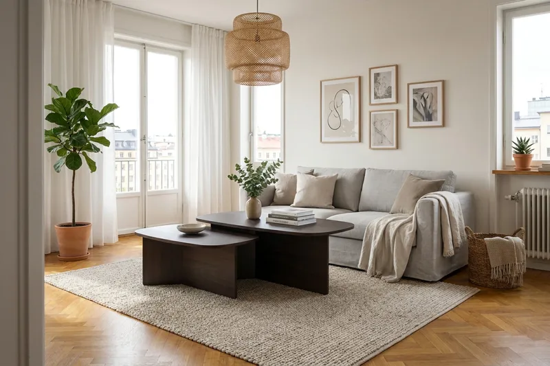 Vento-sarjapöytä, sohvapöydät 120 × 70 cm + 90 × 60 cm - Savutammi - Huonekalut - Pöytä & ruokailuryhmä - Sohvapöytä