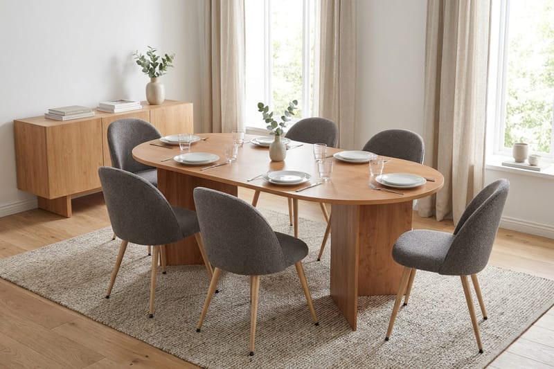 Vera-ruokailuryhmä, soikea 180 cm, 6 Nibe Plus -ruokapöydän tuolia - Tammi - Huonekalut - Pöytä & ruokailuryhmä - Ruokailuryhmä