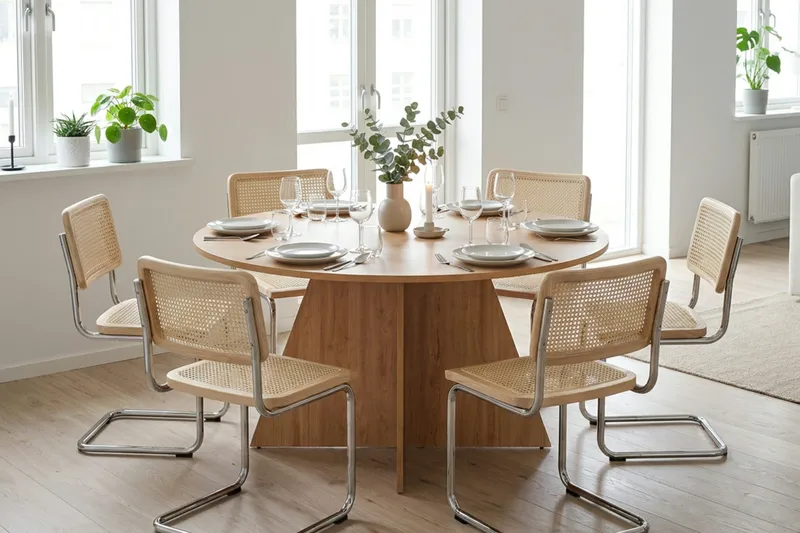 Vera-ruokailuryhmä, pyöreä 150 cm, tammi, 6 Build-ruokatuolia - Tammi - Huonekalut - Pöytä & ruokailuryhmä - Ruokailuryhmä