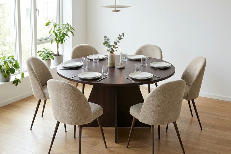 Vera-ruokailuryhmä, pyöreä 130 cm, savustettu tammi, 6 Nibe Plus -ruokatuolia - Savutammi - Huonekalut - Pöytä & ruokailuryhmä - Ruokailuryhmä
