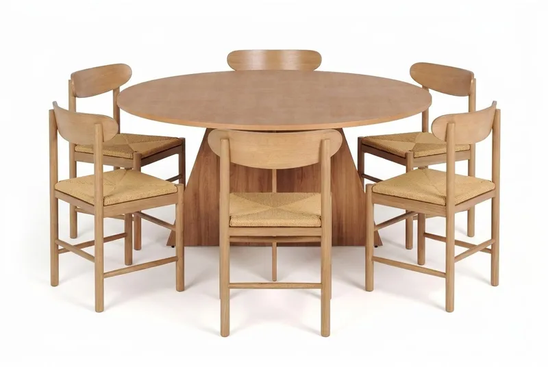 Vera-ruokailuryhmä, pyöreä 150 cm, tammi, 6 Malte-ruokatuolia, undefined