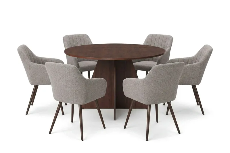 Vera-ruokailuryhmä, pyöreä 130 cm, pähkinä, 6 Filippa-ruokatuolia, Pähkinä