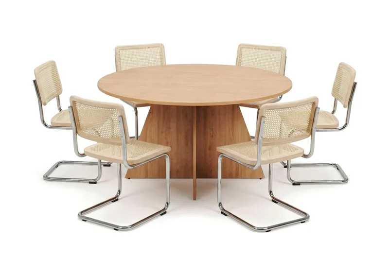 Vera-ruokailuryhmä, pyöreä 150 cm, tammi, 6 Build-ruokatuolia, Tammi