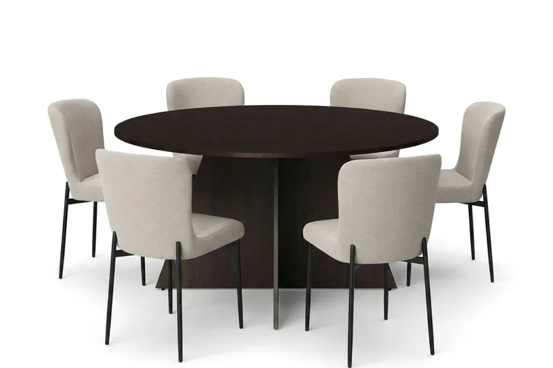 Vera-ruokailuryhmä, pyöreä 150 cm, savutammi, 6 Elsie-ruokatuolilla, Savustettu tammi/Beige