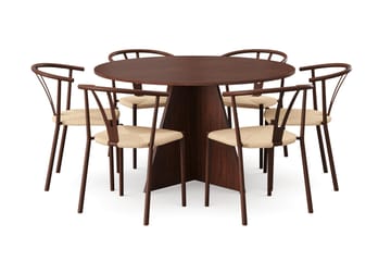 Vera-ruokailuryhmä, pyöreä 130 cm, pähkinä, 6 Elysia-ruokatuolia - Pähkinä - Huonekalut - Pöytä & ruokailuryhmä - Ruokailuryhmä