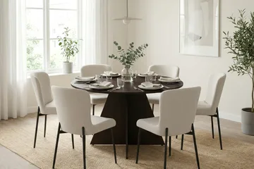 Vera-ruokailuryhmä, pyöreä 130 cm, savutammi, 6 Elsie-ruokatuolilla - Savustettu tammi - Huonekalut - Pöytä & ruokailuryhmä - Ruokailuryhmä
