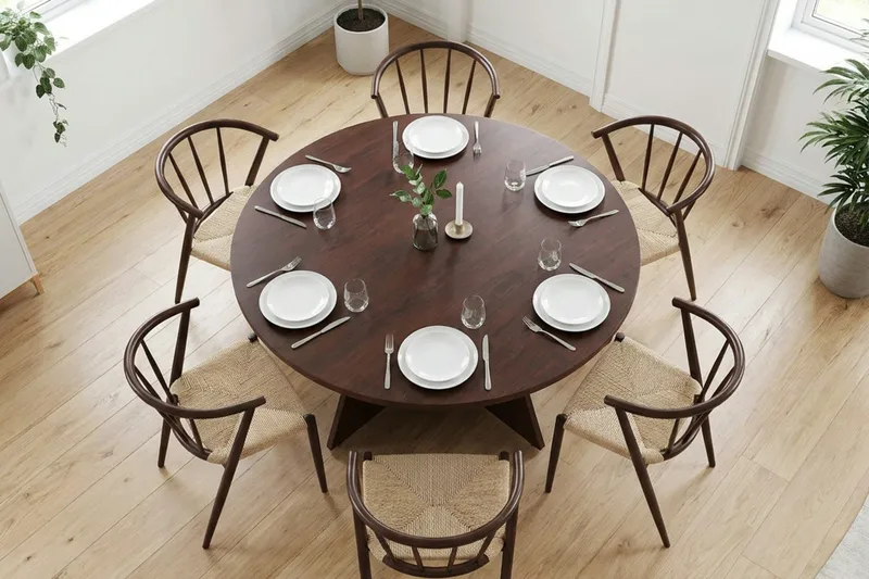 Vera-ruokailuryhmä pyöreä 130 cm, pähkinä, 6 Winston-ruokapöydän tuolia - Pähkinä - Huonekalut - Pöytä & ruokailuryhmä - Ruokailuryhmä