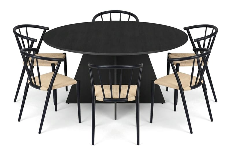 Vera-ruokailuryhmä pyöreä 150 cm musta, 6 Winston-ruokatuolia, Musta