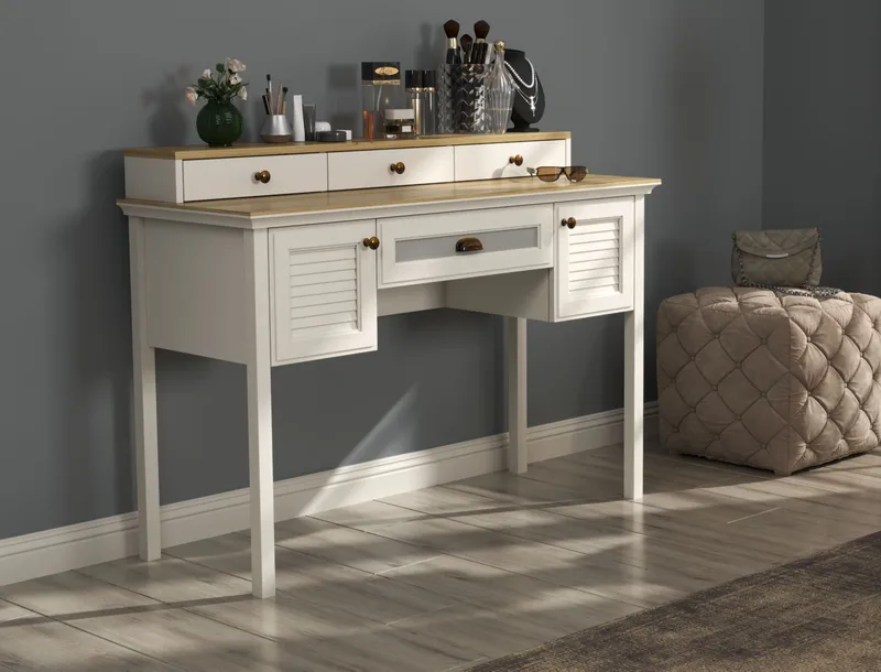 Virena Kampauspöytä 132 cm - Kerma, tammi, harmaa - Huonekalut - Pöytä & ruokailuryhmä - Meikki- & kampauspöydät