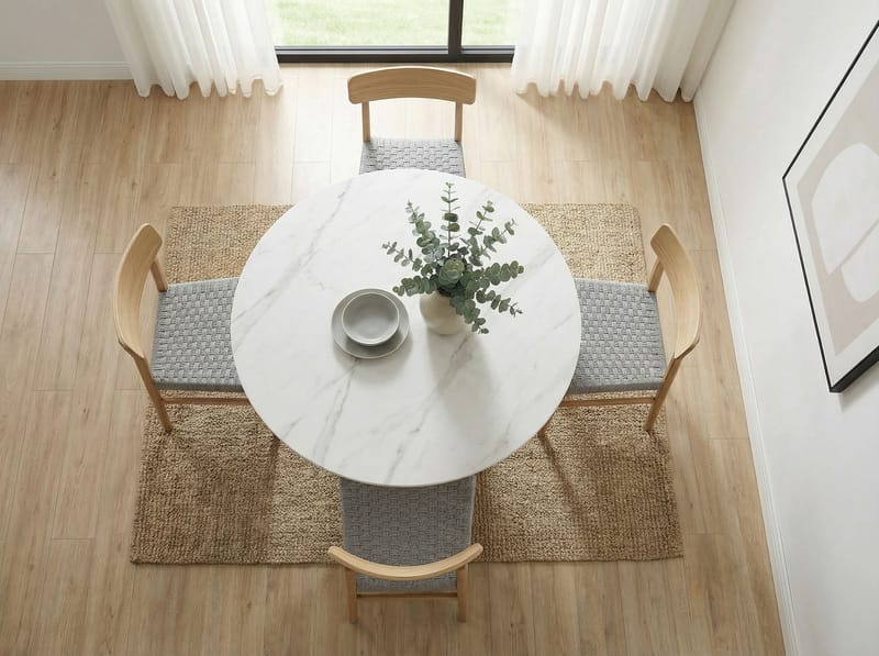 Zelnor pyöreä ruokapöytä 120 cm sintratulla kivikannella marmorilookissa - valkoisen marmorin ilme pähkinäpuun ilme - Huonekalut - Pöytä & ruokailuryhmä - Ruokapöydät & keittiön pöydät