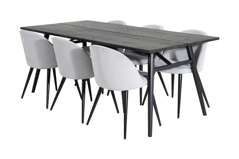 Zenazmi-ruokailuryhmä 195 cm, sisältää 6 Valeri-vakosamettituolia, Musta/Harmaa