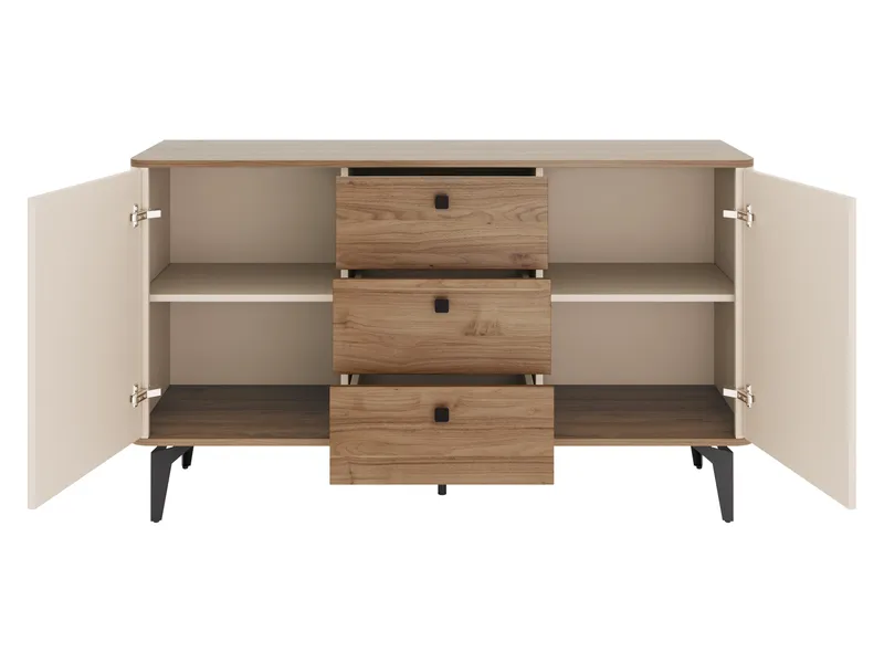 Zeyrin Olohuoneen kalustesetti - Senkki + Vitriinikaappi + Ruokapöytä 120 cm - Ruskea|beige - Huonekalut - Kalustesetit - Olohuoneen kalustesetit