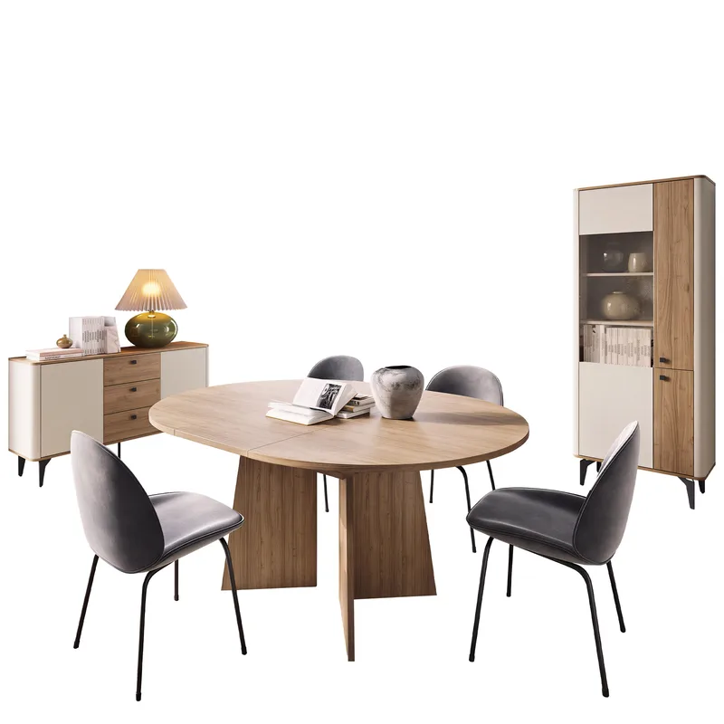 Zeyrin Olohuoneen kalustesetti - Senkki + Vitriinikaappi + Ruokapöytä 120 cm, Ruskea|beige