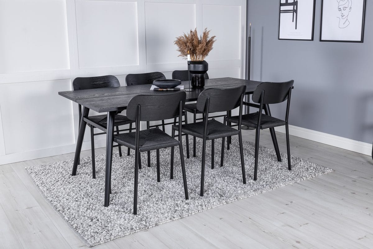Jatkettava Sleek-ruokapöytä 195 cm ja 6 Polly-ruokatuolia