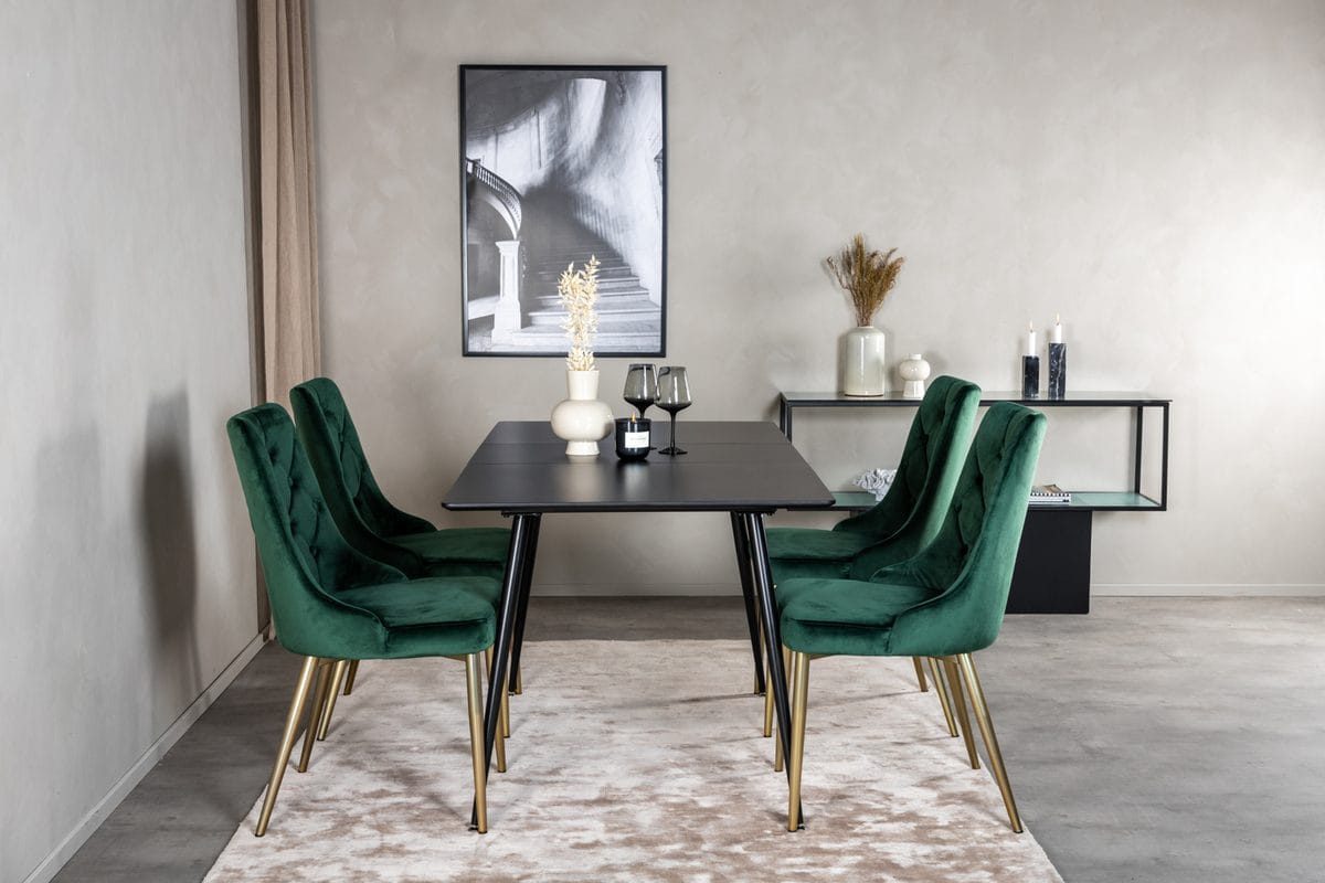 Silar-ruokailuryhmä, jatkettava, 120 cm, suorakulmainen, 4 Velvet Deluxe -tuolia - Musta/Kulta/Vihreä