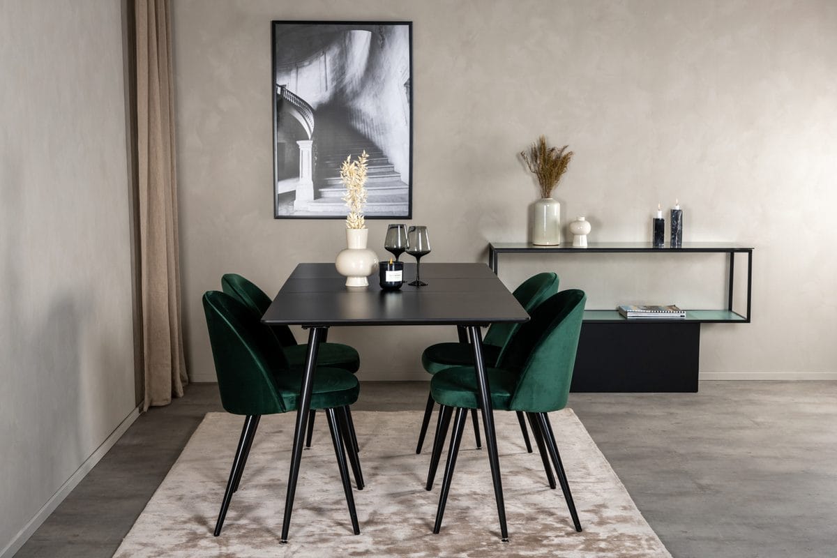 Suorakulmainen Silar-ruokailuryhmä 120-160 cm ja 4 Velvet-ruokatuolia - vihreä