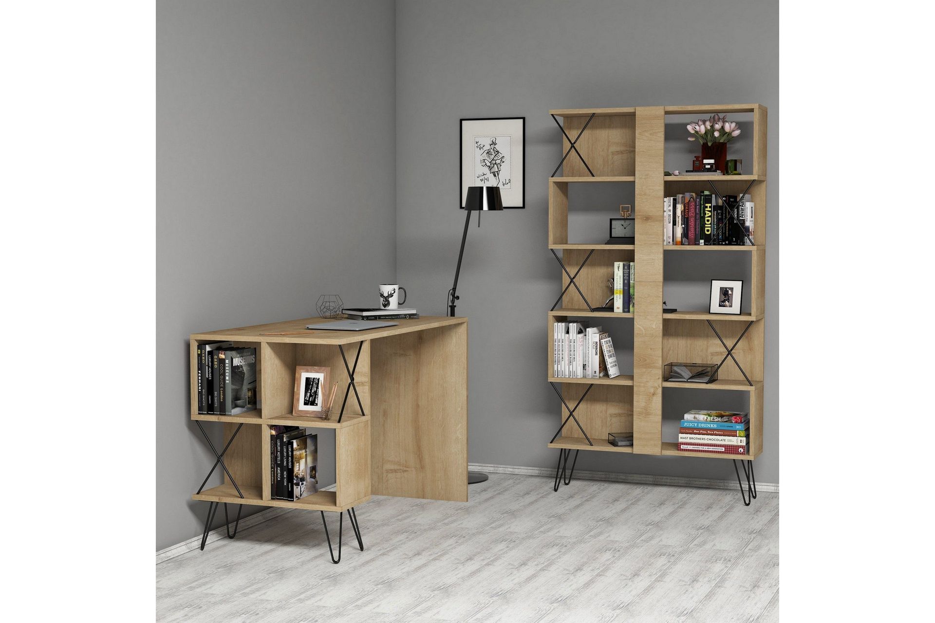Kirjoituspöytä Amtorp 120 cm Säilytyksellä Hylly+Kirjahylly - Ruskea/Tammi
