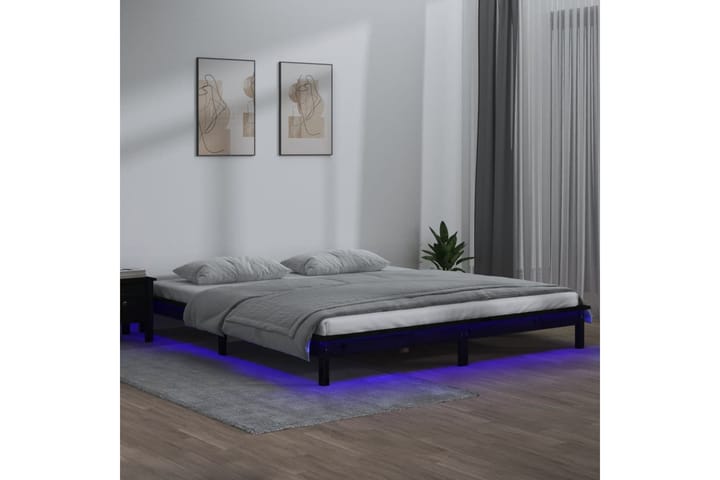 beBasic Sängynrunko LED-valoilla musta 140x190 cm täysi puu - Musta - Sänkykehikot & sängynrungot