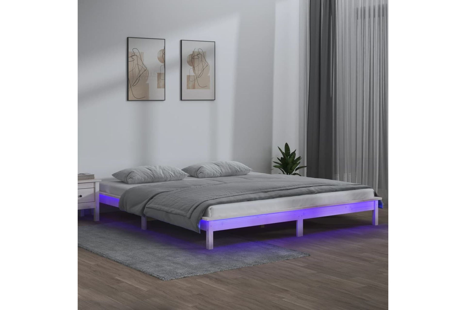 beBasic Sängynrunko LED-valoilla valkoinen 160x200 cm täysi puu - Valkoinen - Huonekalut - Sänky - Sänkykehikot & sängynrungot